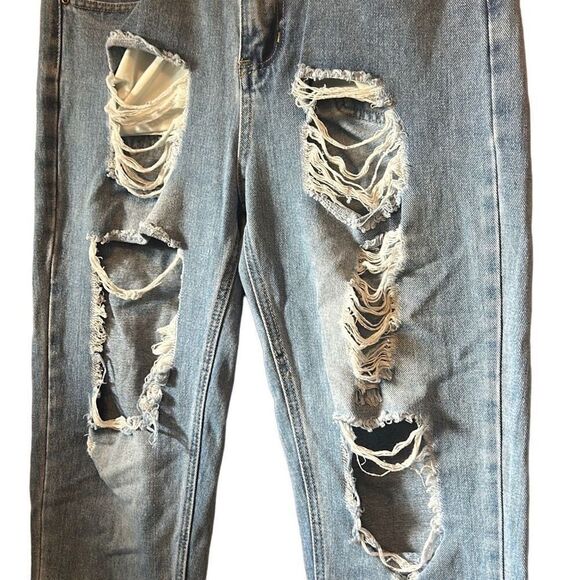 Nasty Gal Ripped Distressed Mom Jeans US 8 High Waist Light Wash Denim - Picture 2 of 5